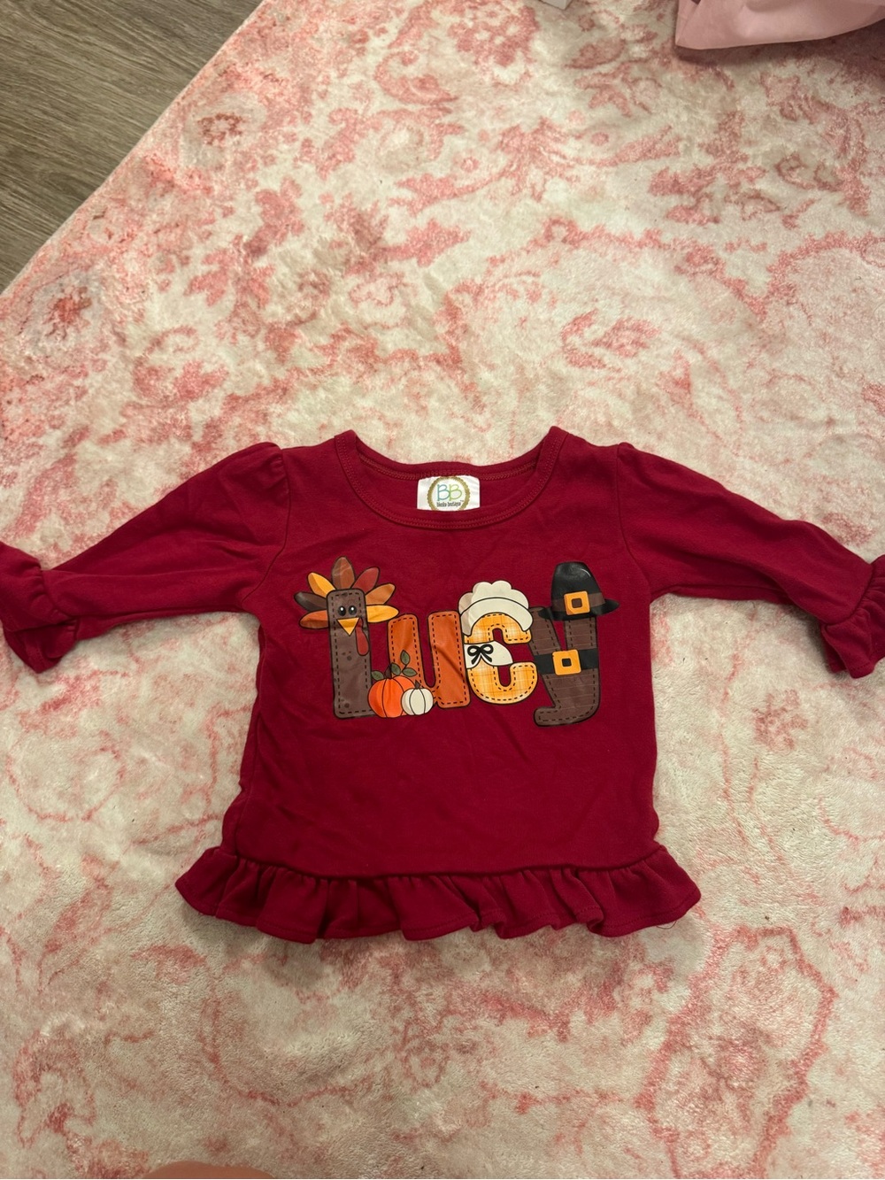 Girls Maroon Thanksgiving Appliqué Ruffle Top - 6m